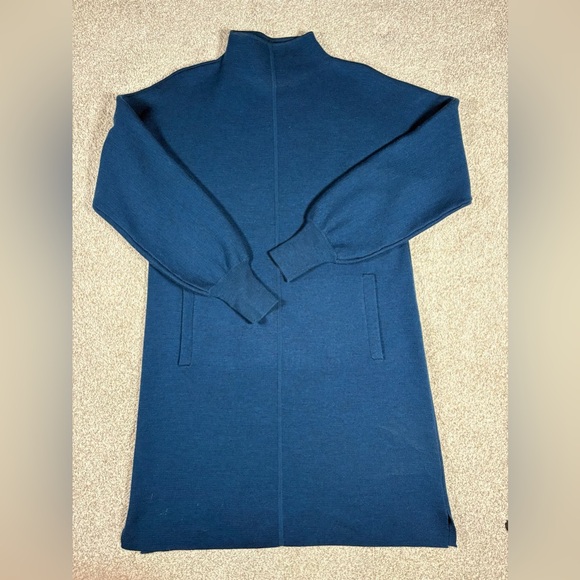 Ann Mashburn Funnel Neck blue wool dress. Mock neck sweater dress